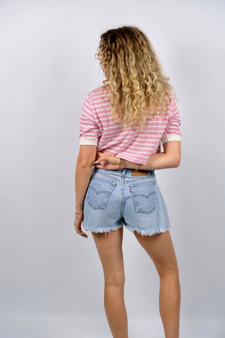 Vintage 80s Baumwolle Mix Streifen Crop Poloshirt - XS