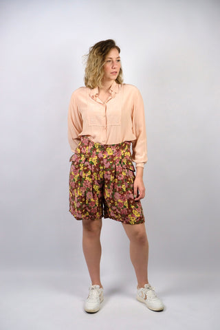 80s/90s Shorts im Hosenrock-Stil mit hoher Taille, Taschen und floralem Print in Rost, Rosa, Mauve, Pink, Grün und Gelb – entspricht ca. einer heutigen XL (bitte Maße beachten) – ein absolutes Highlight