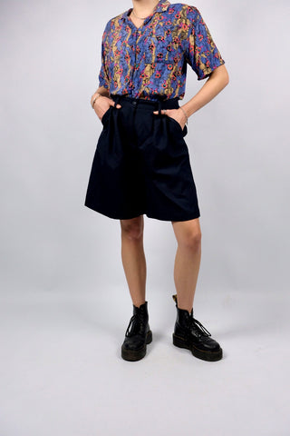 Vintage 90s High Waist Viskose Mix Shorts Marineblau - M