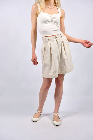 Vintage 80s/90s High Waist Bundfalten Bermuda Shorts Creme - XS