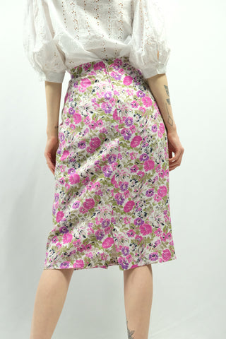 Vintage 80s High Waist Blumen Print Viskose Rock - S