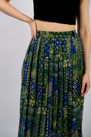 80s/90s High Waist Faltenrock mit stretchy Gummizugbund, Gürtelschlaufen und Boho Crazy Pattern Print in Grün, Blau, Beige und Weiß – ideal für eine M/L oder L
