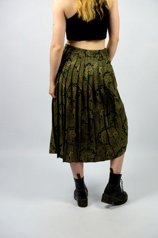 80s Midi Faltenrock in tollem A-Linie-Schnitt mit stretchy Gummizug in der Taille und Boho Muster in Oliv, Braun, Dunkelblau, Dunkelgrün, Rotbraun und Gelb – Größe M und ein absolutes Highlight