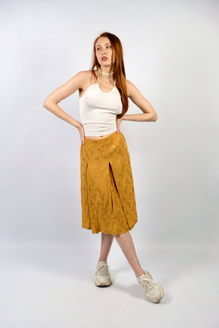 Senfgelber handmade 70s Rock mit hoher Taille und leicht glänzendem Paisley-Strukturmuster – ideal für eine S