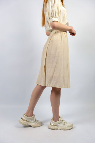 70s/80s Handmade High Waist Rock mit zartem Hahnentrittmuster in Cremeweiß und Beige, fließender Schnitt, vermutlich aus Seide – zu empfehlen für eine XXS