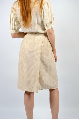 70s/80s Handmade High Waist Rock mit zartem Hahnentrittmuster in Cremeweiß und Beige, fließender Schnitt, vermutlich aus Seide – zu empfehlen für eine XXS
