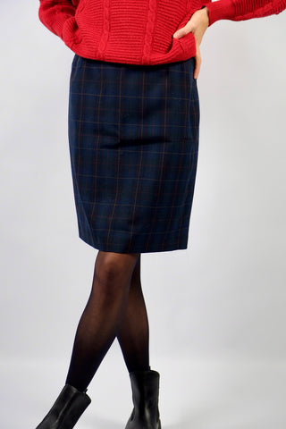 klassischer 80s Rock mit hoher Taille und Karomuster in Dunkelgrün, Dunkelblau, Schwarz, Rot und Gelb – Größe S