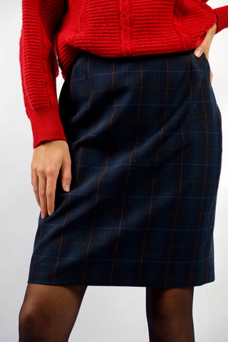 klassischer 80s Rock mit hoher Taille und Karomuster in Dunkelgrün, Dunkelblau, Schwarz, Rot und Gelb – Größe S