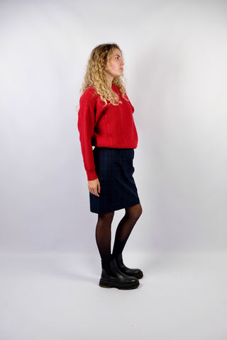 klassischer 80s Rock mit hoher Taille und Karomuster in Dunkelgrün, Dunkelblau, Schwarz, Rot und Gelb – Größe S