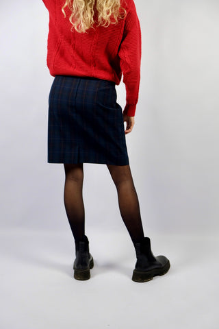 klassischer 80s Rock mit hoher Taille und Karomuster in Dunkelgrün, Dunkelblau, Schwarz, Rot und Gelb – Größe S