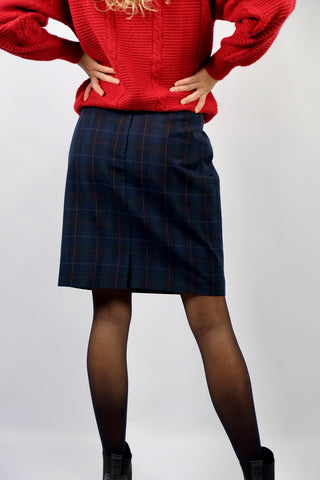 klassischer 80s Rock mit hoher Taille und Karomuster in Dunkelgrün, Dunkelblau, Schwarz, Rot und Gelb – Größe S