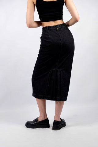 90s Denim High Waist Rock made in Italy aus reiner Baumwolle in Dunkelgrau/Anthrazit – schmaler, gerader Schnitt mit tollem Faltendetail hinten – Größe S und ein zeitloses Highlight
