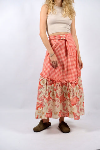 Vintage 70s High Waist Boho Karo & Blumen Print Maxirock - XS/S