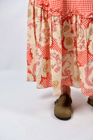 Vintage 70s High Waist Boho Karo & Blumen Print Maxirock - XS/S