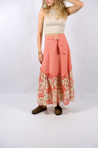 Vintage 70s High Waist Boho Karo & Blumen Print Maxirock - XS/S