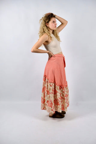 Vintage 70s High Waist Boho Karo & Blumen Print Maxirock - XS/S