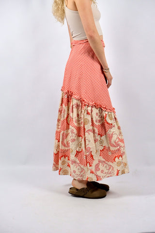 Vintage 70s High Waist Boho Karo & Blumen Print Maxirock - XS/S