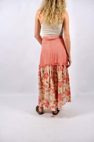 Vintage 70s High Waist Boho Karo & Blumen Print Maxirock - XS/S