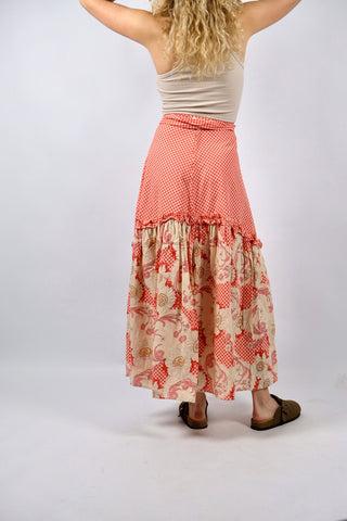 Vintage 70s High Waist Boho Karo & Blumen Print Maxirock - XS/S