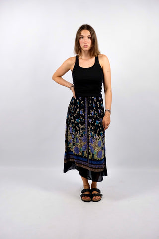 Fließender schwarzer 80s/90s High Waist Rock von Betty Barclay aus reiner Viskose mit floralem Print in Lila/Flieder, Goldbraun, Braun, Beige, Mint und Türkis – passt einer XXS – ein absolutes Highlight