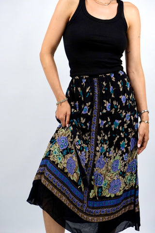 Fließender schwarzer 80s/90s High Waist Rock von Betty Barclay aus reiner Viskose mit floralem Print in Lila/Flieder, Goldbraun, Braun, Beige, Mint und Türkis – passt einer XXS – ein absolutes Highlight