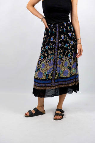 Fließender schwarzer 80s/90s High Waist Rock von Betty Barclay aus reiner Viskose mit floralem Print in Lila/Flieder, Goldbraun, Braun, Beige, Mint und Türkis – passt einer XXS – ein absolutes Highlight