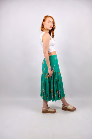 Vintage 80s/90s High Waist Blumen Print Crinkle Viskose Rock - S