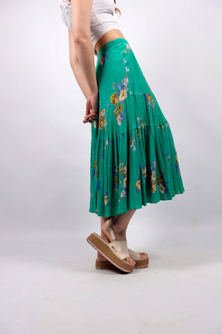 Vintage 80s/90s High Waist Blumen Print Crinkle Viskose Rock - S