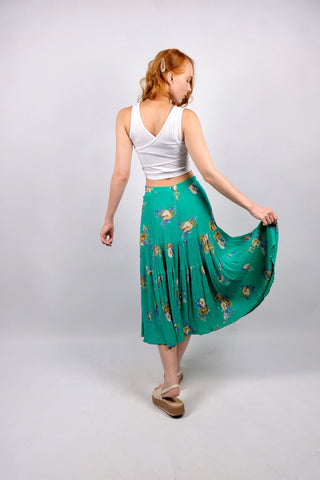 Vintage 80s/90s High Waist Blumen Print Crinkle Viskose Rock - S