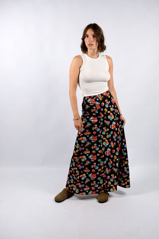 schwarzer 70s Handmade Maxirock mit hoher Taille und buntem Blumen-Print – entspricht einer XXS – ein absolutes Highlight