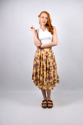 Vintage 70s High Waist Blumen & Äpfel Print Rock - XS