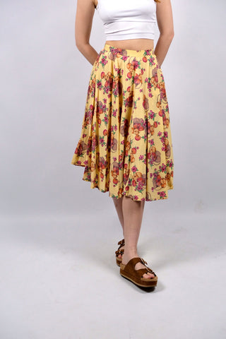 Vintage 70s High Waist Blumen & Äpfel Print Rock - XS
