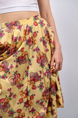 Vintage 70s High Waist Blumen & Äpfel Print Rock - XS