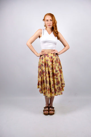 Vintage 70s High Waist Blumen & Äpfel Print Rock - XS