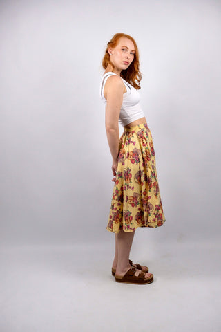Vintage 70s High Waist Blumen & Äpfel Print Rock - XS