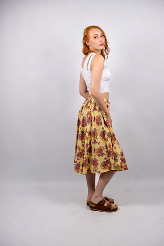 Vintage 70s High Waist Blumen & Äpfel Print Rock - XS