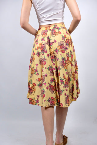Vintage 70s High Waist Blumen & Äpfel Print Rock - XS