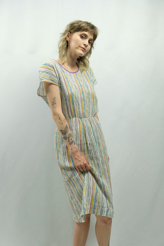 Vintage 70s Streifen Print Crinkle Kleid - S