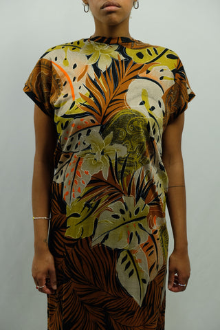 90s Shirtkleid aus reiner Baumwolle mit tollem Botanik Print in Braun, Schwarz, Hellgrün und Orange – lässiger, gerader Schnitt mit Beinschlitz – wir empfehlen das Kleid einer XS