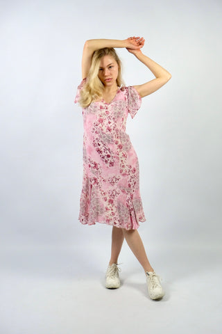 00s Viskose Midikleid mit zweilagig-geschlitzten Ärmeln und tollem Blumenmuster in Rosa, Pink/Beere und Weiß – Größe M und ein absolutes Highlight
