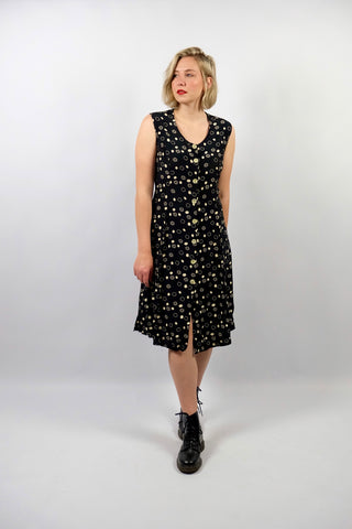 Schwarzes, ärmelloses 90s Viskose Kleid mit durchgehender Knopfleiste, Band zum Binden am Rücken und geometrischem Muster in Creme/Beige – ideal für eine L