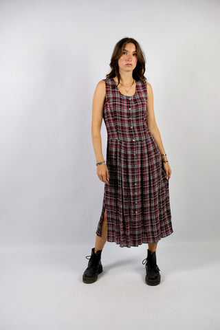Ärmelloses 90s Kleid aus reiner Viskose mit durchgehender Knopfleiste, Beinschlitzen und seitlichen Eingrifftaschen sowie kariertem Muster in Schwarz, Weiß und Rot – wir empfehlen das Kleid einer M – ein absolutes Highlight