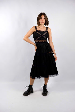 Vintage 70s Baumwolle Spitzenkleid Schwarz - XXS