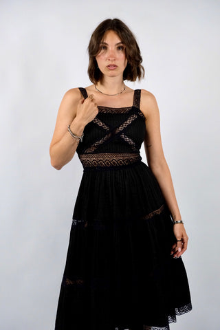 Vintage 70s Baumwolle Spitzenkleid Schwarz - XXS