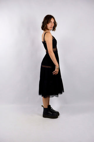 Vintage 70s Baumwolle Spitzenkleid Schwarz - XXS