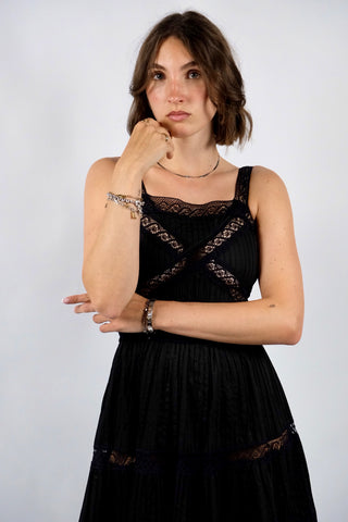 Vintage 70s Baumwolle Spitzenkleid Schwarz - XXS