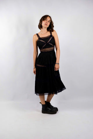 Vintage 70s Baumwolle Spitzenkleid Schwarz - XXS