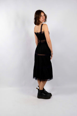 Vintage 70s Baumwolle Spitzenkleid Schwarz - XXS