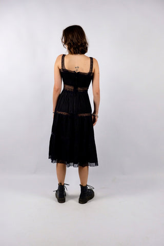 Vintage 70s Baumwolle Spitzenkleid Schwarz - XXS