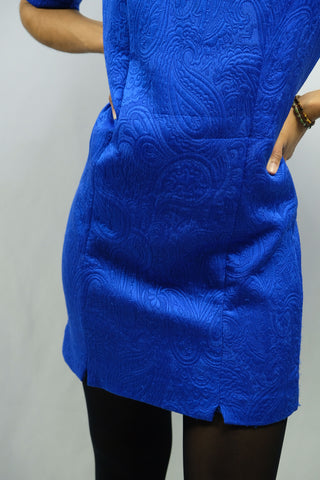 Vintage 80s Handmade Paisley Struktur Kleid Royalblau - L/XL